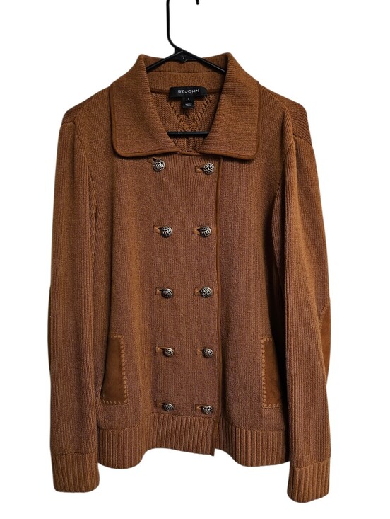 St. John Sweaters - St. John Cashmere Wool Double Breasted Knit Sweater Cardigan Suede Large Tan